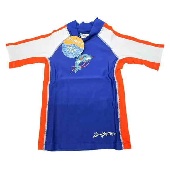 SunBusters Boys Rashguard Shirt UPF 50 Sun Protection Blue White 12/18 Mo JJ4125 - Picture 1 of 5